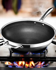34cm Tri-Ply Honeycomb Stainless Steel Wok - side view