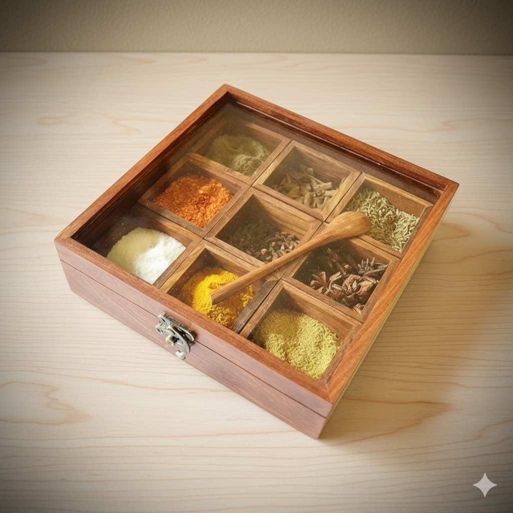 Wooden Spice Box (Square, Acacia Wood)