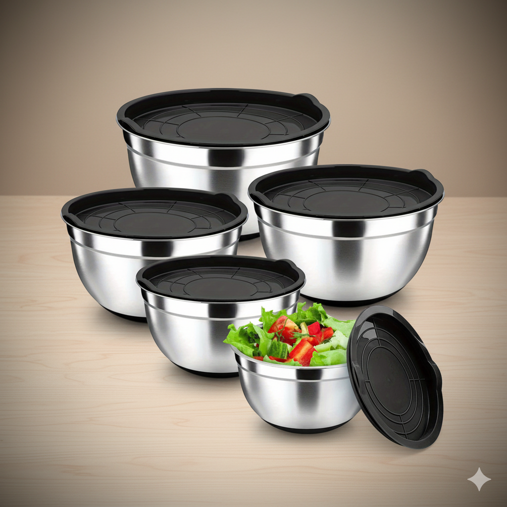 Salad Bowls with Lid + Silicone Bottom 5 PCS Set