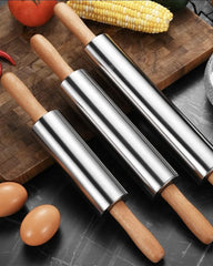 Stainless Steel Baking Rolling Pin with Wooden Handles