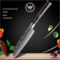 5-Piece Damascus Knife Set – Wooden Handle