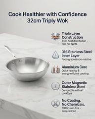 32cm Tri-Ply Stainless Steel Wok with Glass Lid