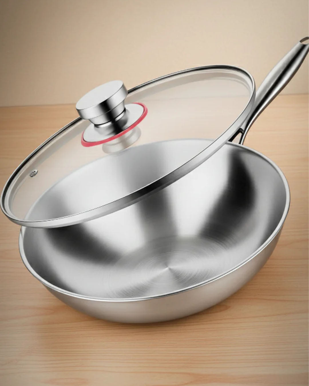 32cm Tri-Ply Stainless Steel Wok with Glass Lid