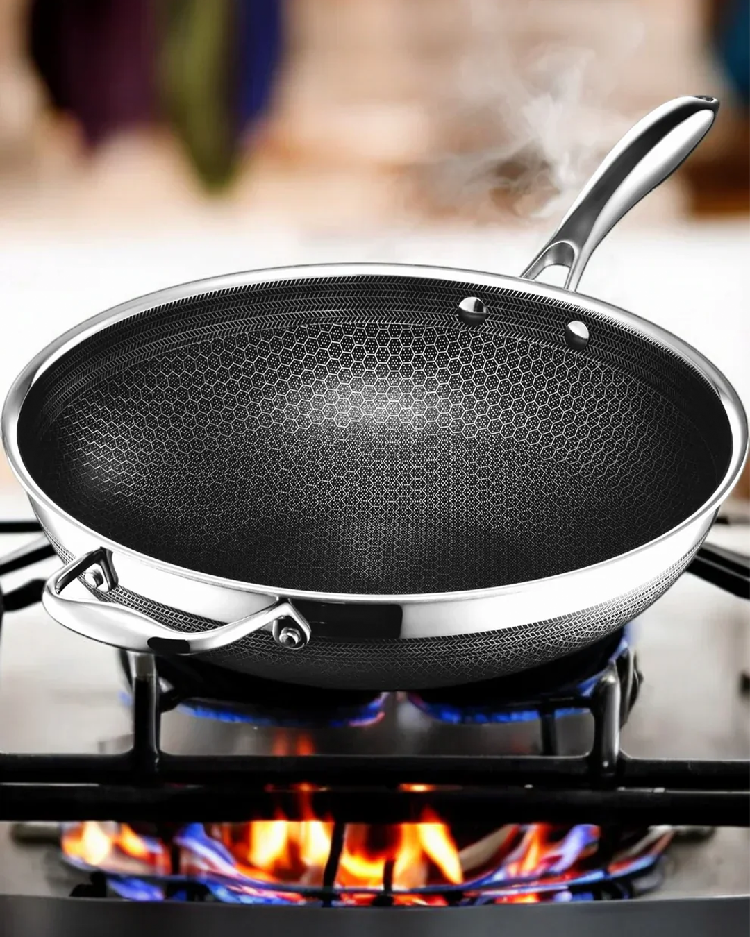 34cm Tri-Ply Honeycomb Stainless Steel Wok - side view