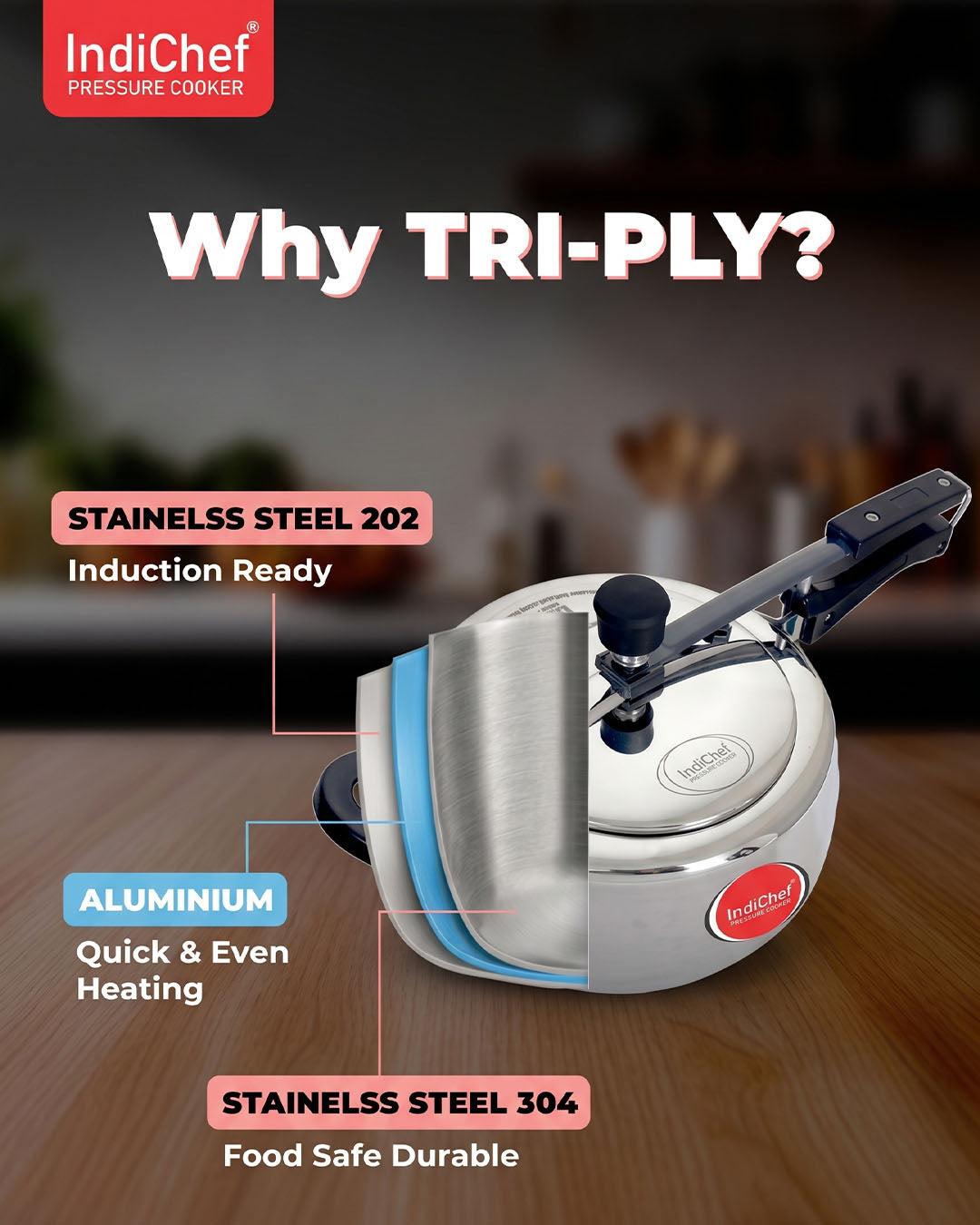 3L Tri-Ply Stainless Steel Inner Lid Pressure Cooker