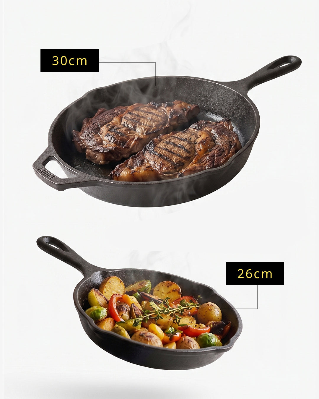 Pre-Seasoned Cast Iron Skillet Bundle – 30cm + 26cm