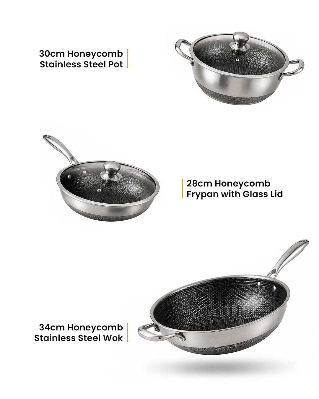 Premium Honeycomb Cookware Bundle - 28cm Frypan + 30cm Pot + 34cm Wok