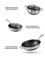 Premium Honeycomb Cookware Bundle - 28cm Frypan + 30cm Pot + 34cm Wok