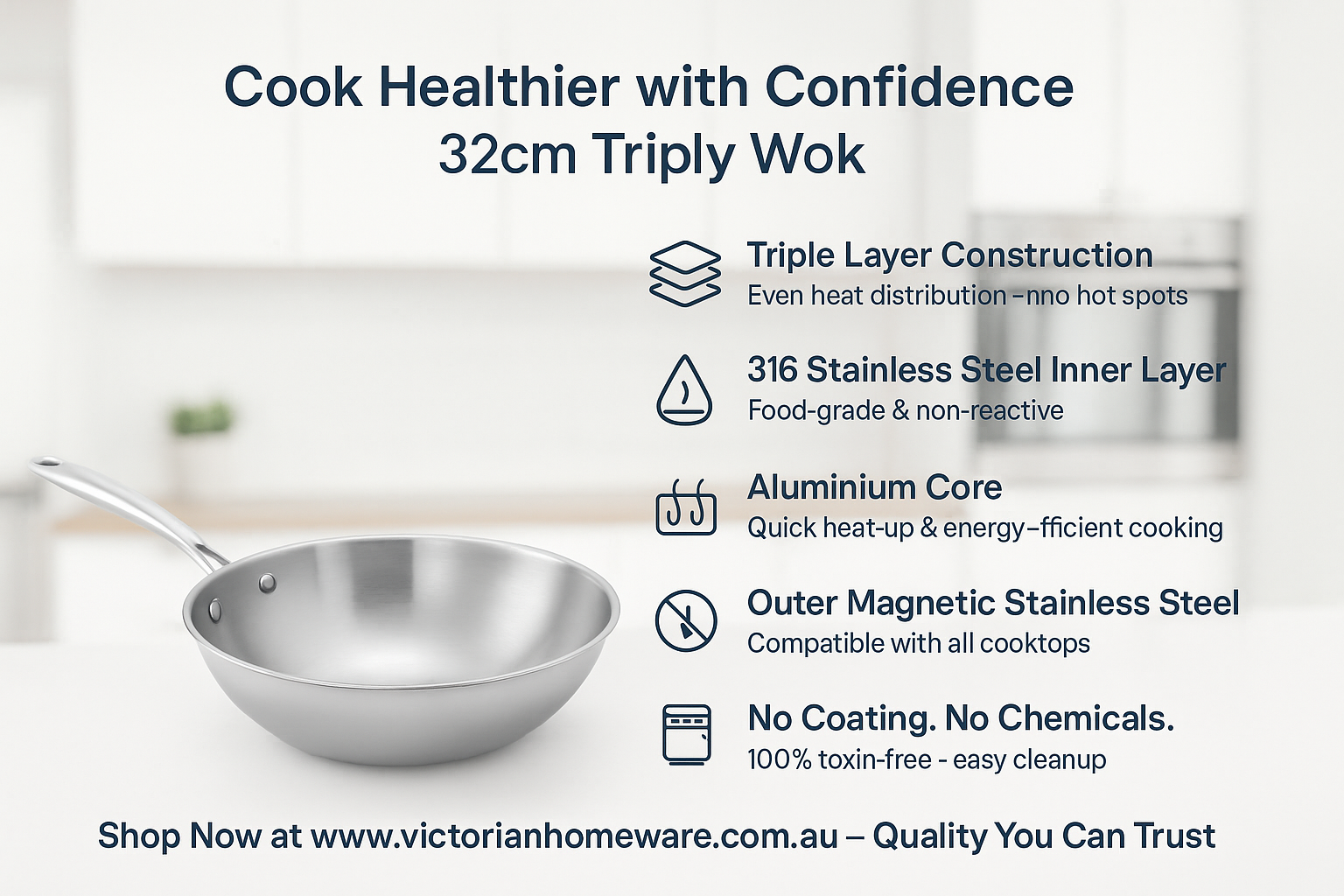 32cm Tri-Ply Stainless Steel Wok with Glass Lid
