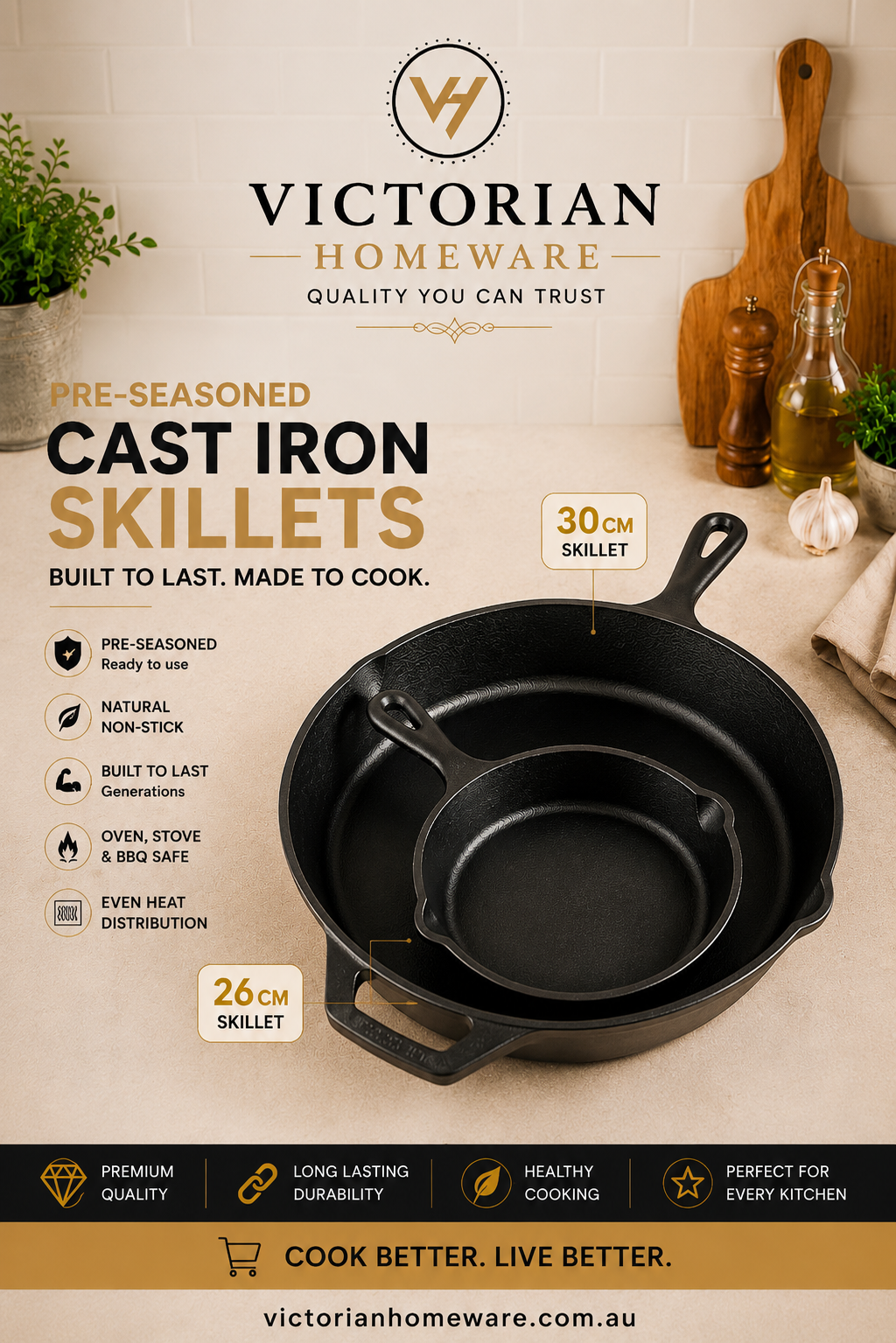 Pre-Seasoned Cast Iron Skillet Bundle – 30cm + 26cm