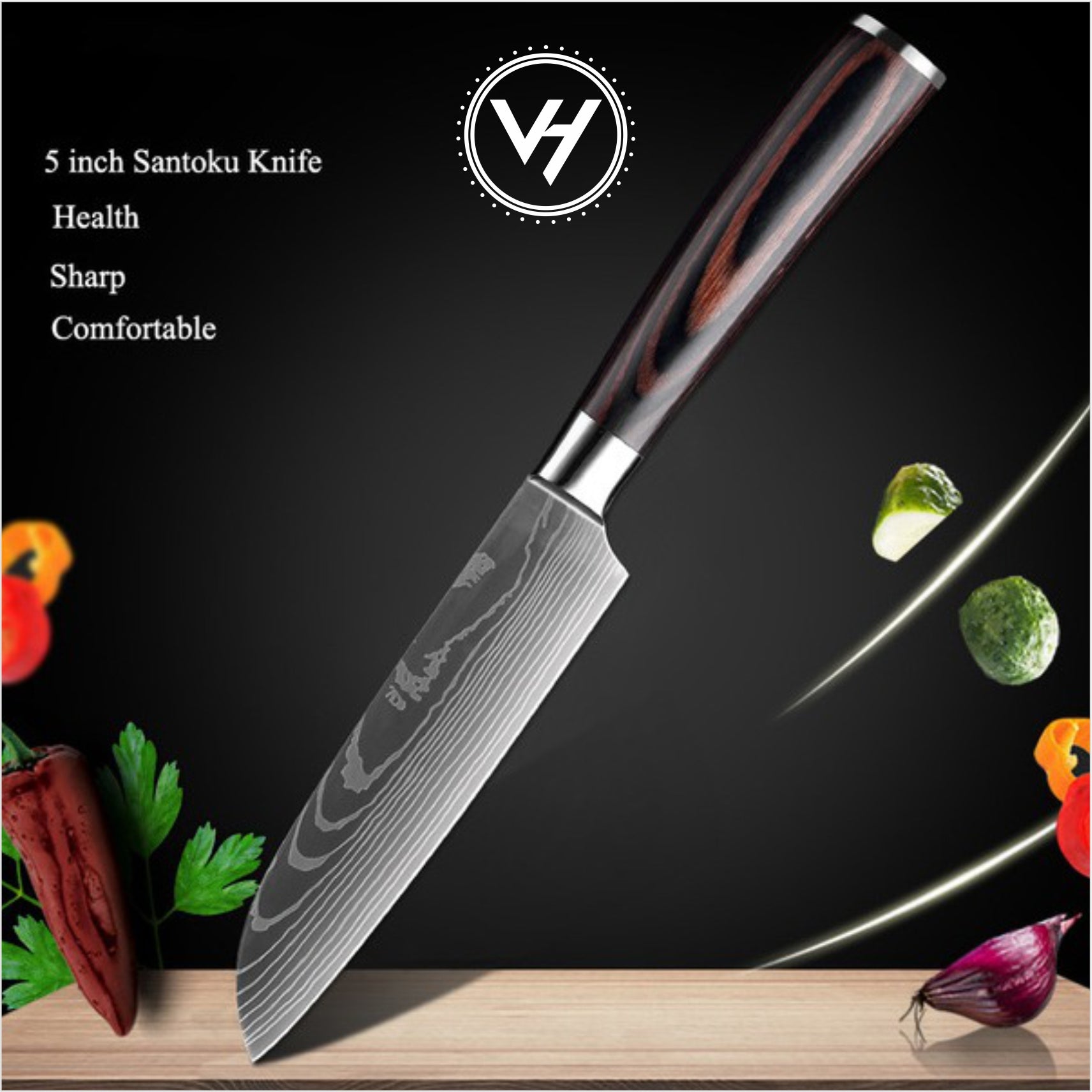 5-Piece Damascus Chef Knife Set – Ultra Sharp 5Cr15 Steel | Durable Wooden Handles | VH Premium