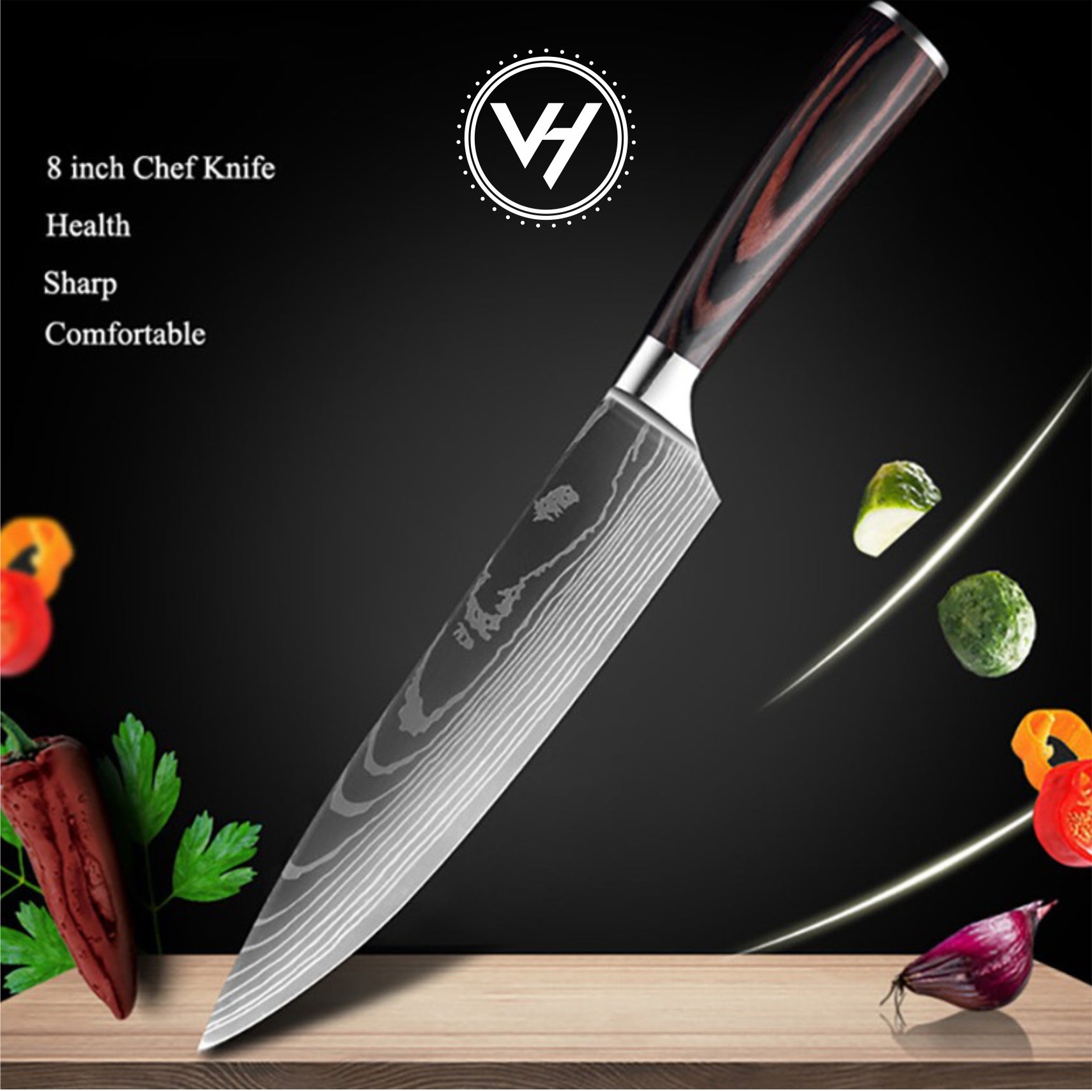 5-Piece Damascus Chef Knife Set – Ultra Sharp 5Cr15 Steel | Durable Wooden Handles | VH Premium