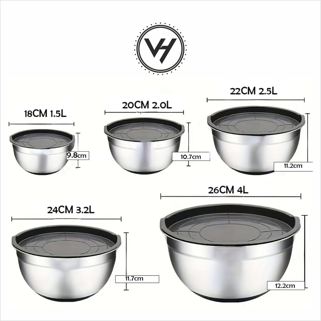 Salad Bowls with Lid + Silicone Bottom 5 PCS Set