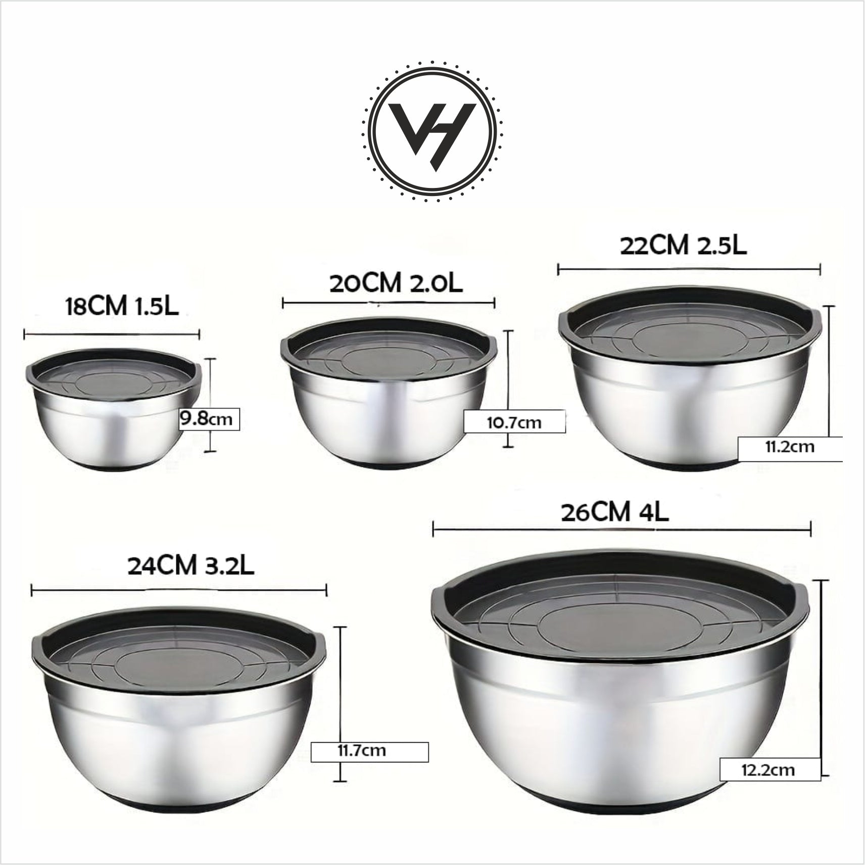 Salad Bowls with Lid + Silicone Bottom 5 PCS Set