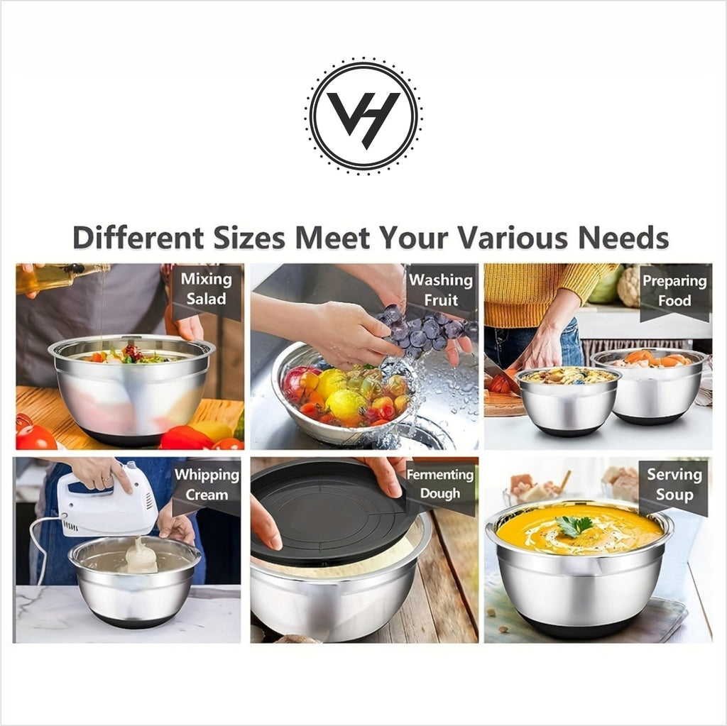 Salad Bowls with Lid + Silicone Bottom 5 PCS Set