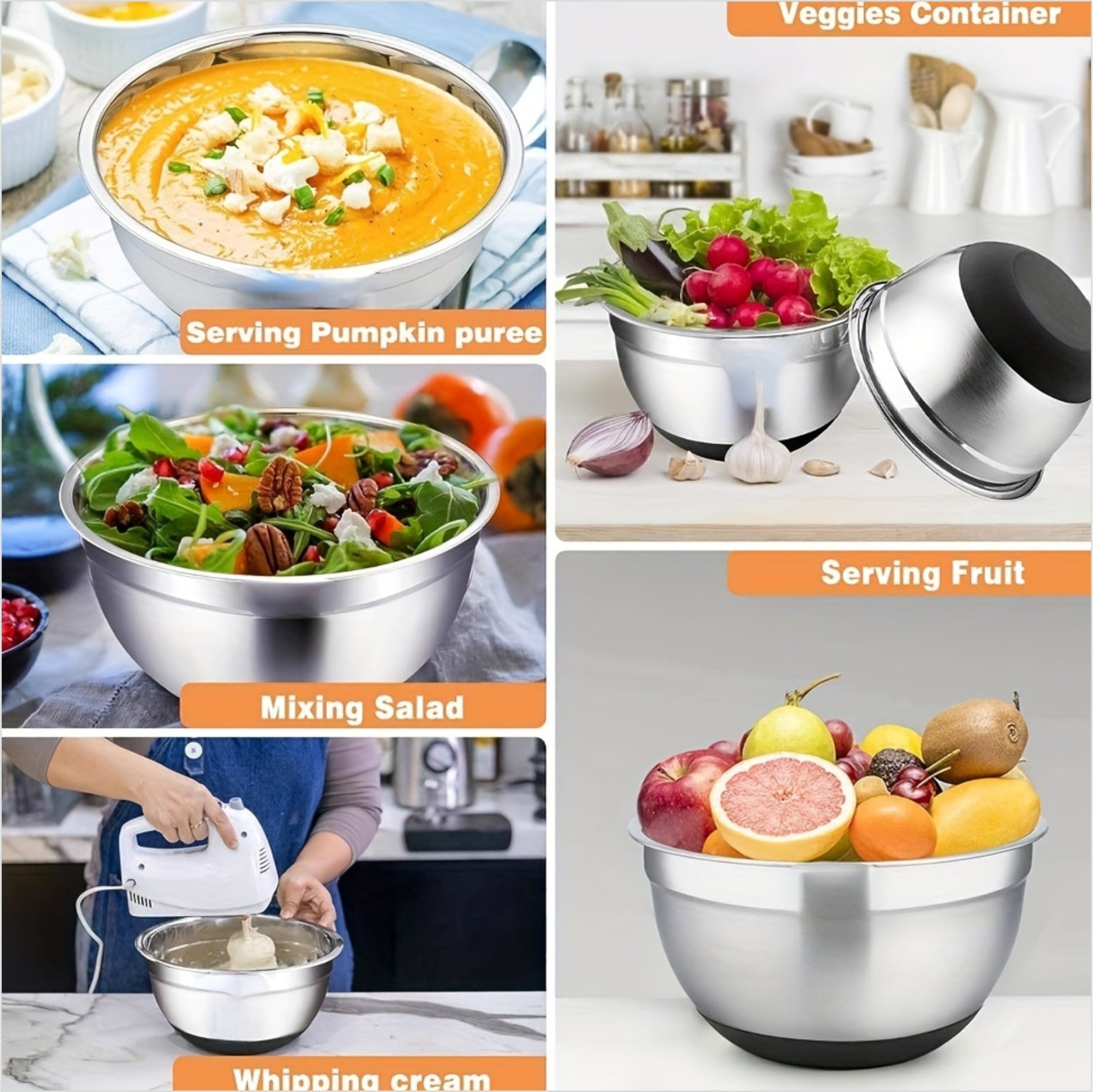 Salad Bowls with Lid + Silicone Bottom 5 PCS Set